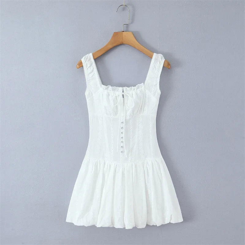 Square Neck Lace Trim Spliced Strap Dress For Women Front Mini Bud Skirt White Lace Mini Dress Ruffle Casual Summer Dress 4MXE