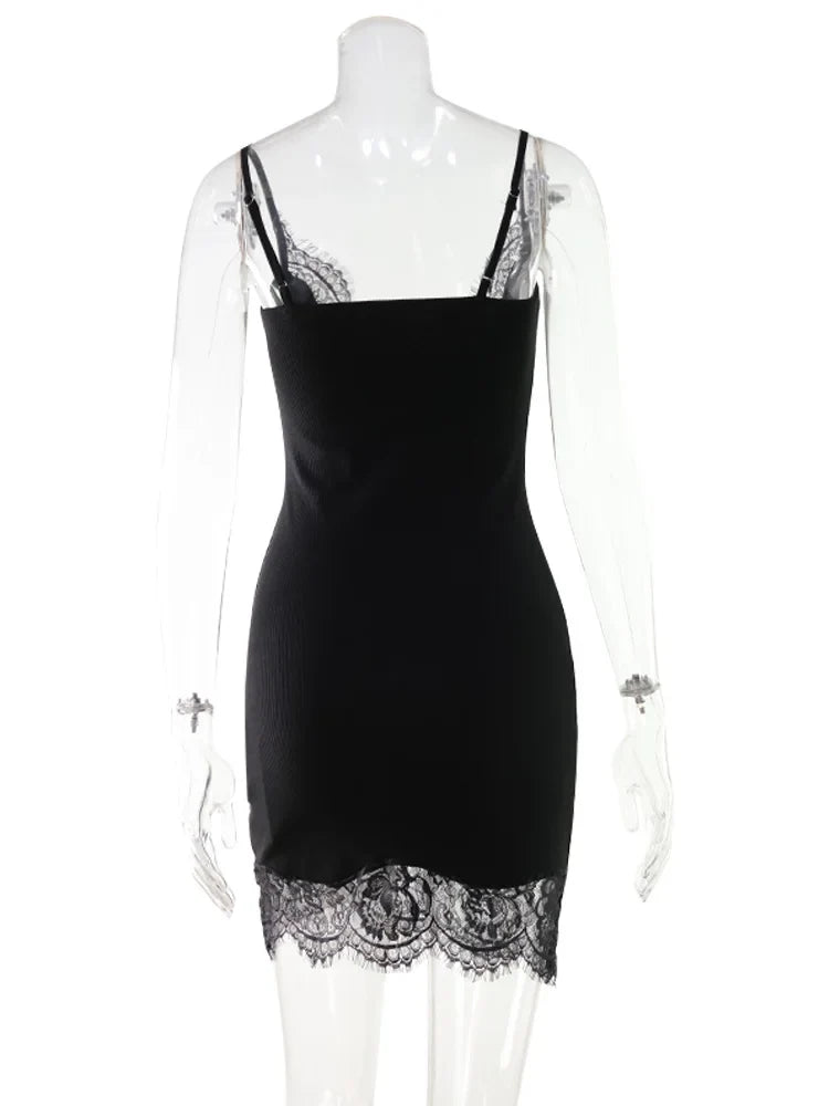 Ahagaga Sexy Women's Mini Dress Straps Patchwork Lace Sheath Sleepwear Sleeveless Nightgown Camisole Basic Female Vestidos Slim