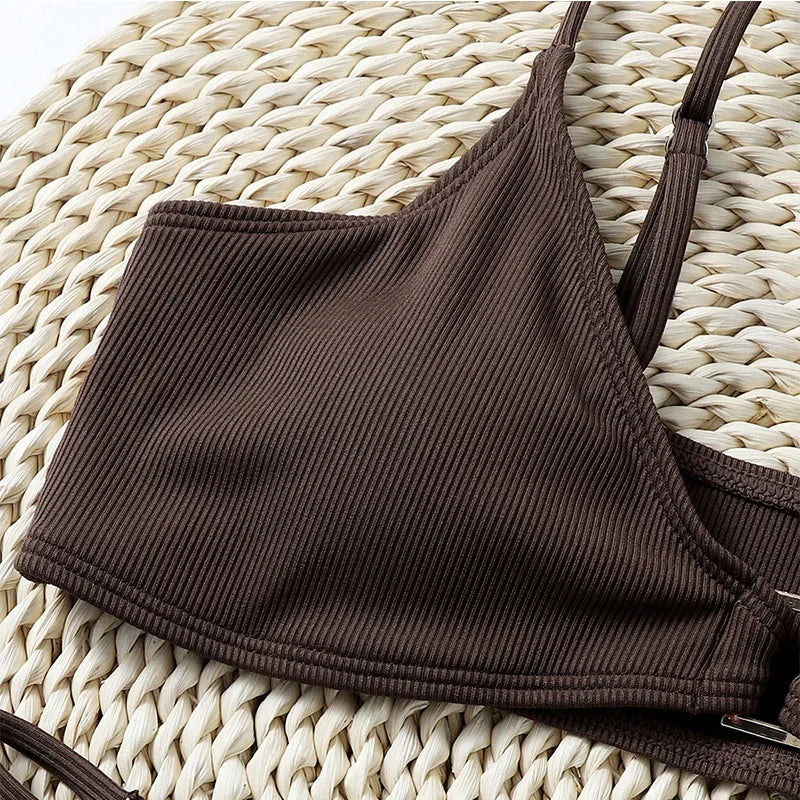 Sexy Ribbed Metal Rings High Cut Bikini Female Swimsuit Women Swimwear Two-pieces Bikini Set Micro Thong Bathing Suit Swim Lady