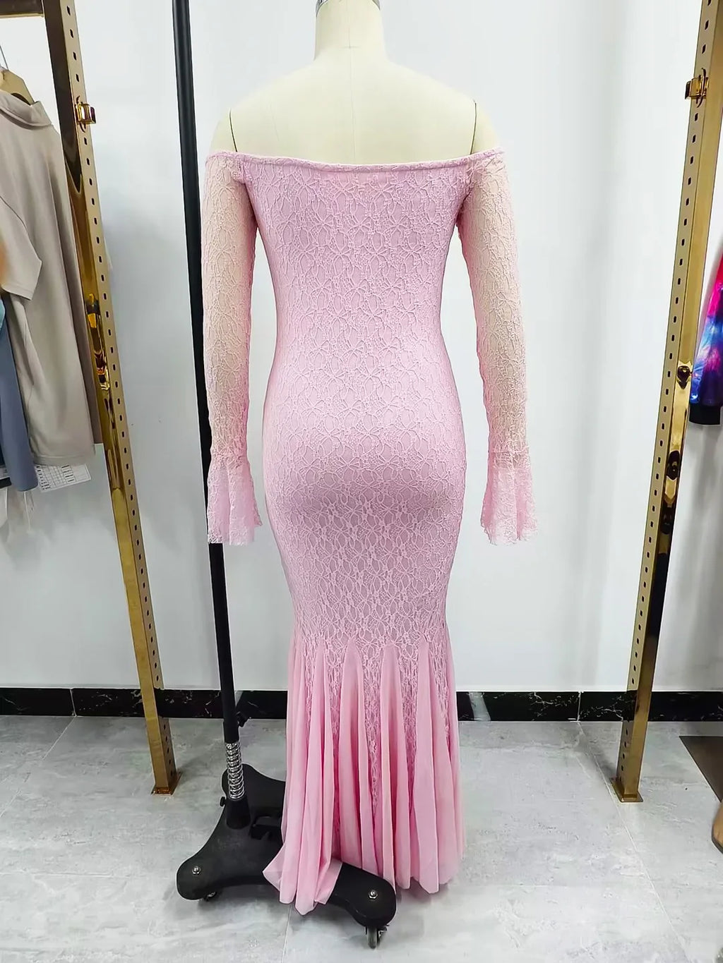 Elegant French Style Pink Long Dress Women Lace Long Sleeved Dress Evening Gown Party Wedding Dress up Lady Spring Summer Outfit
