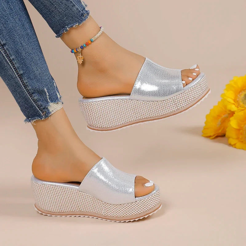 2025 Summer Chunky Platform Slippers for Women Pu Leather Wedges High Heel Sandals Woman Plus Size 36-43 Beach Sandles Female