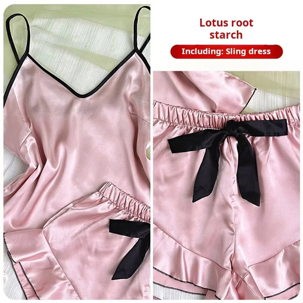Summer Pajamas Set Women's Smooth Satin V-Neck Ruffled Edges Tops and Bow Shorts Pajama Sling Home Clothing