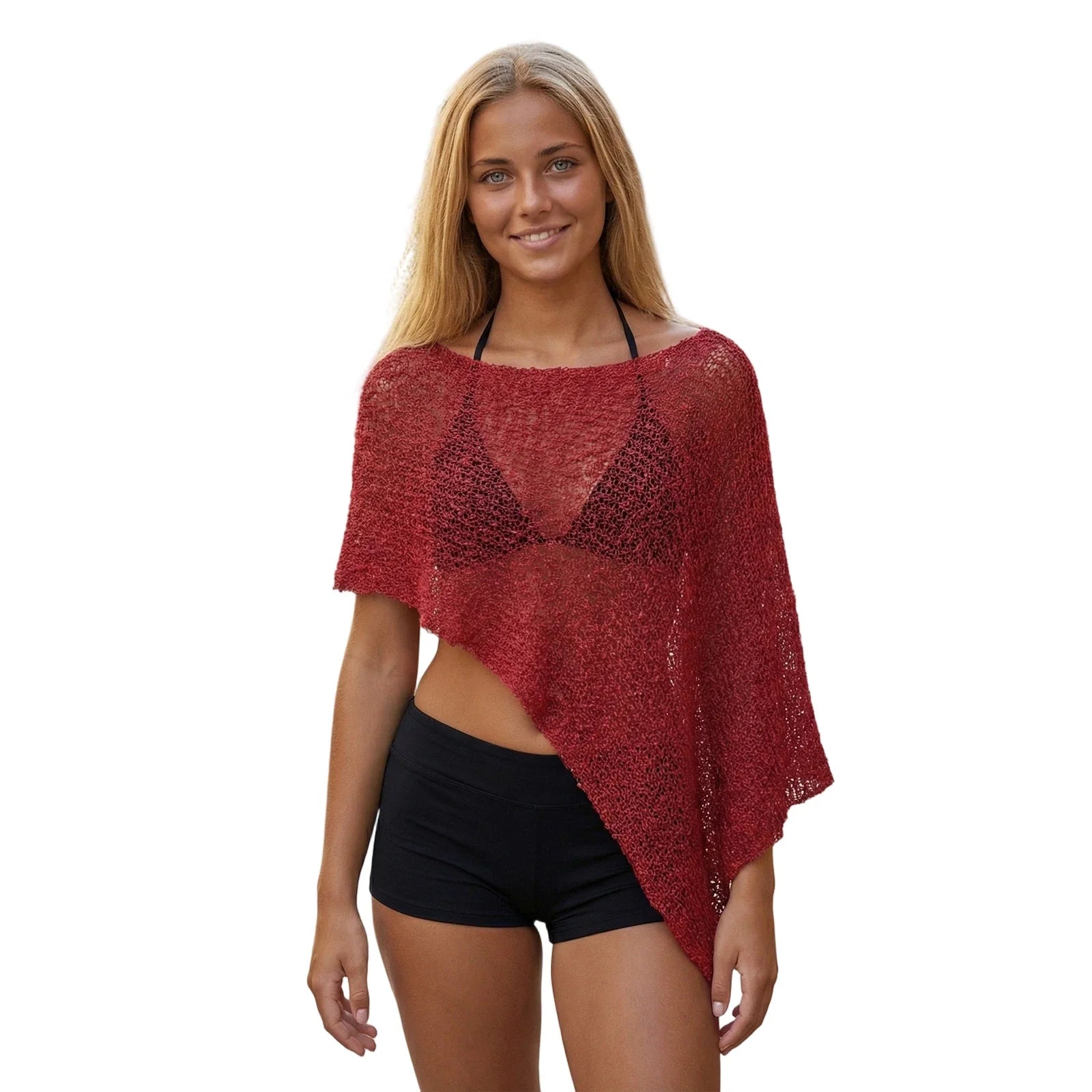 Women Loose See Through Boat Neck Off Shoulder Asymmetrical Crop Coverup Tops Spring Summer Holiday Beach Knitted Poncho