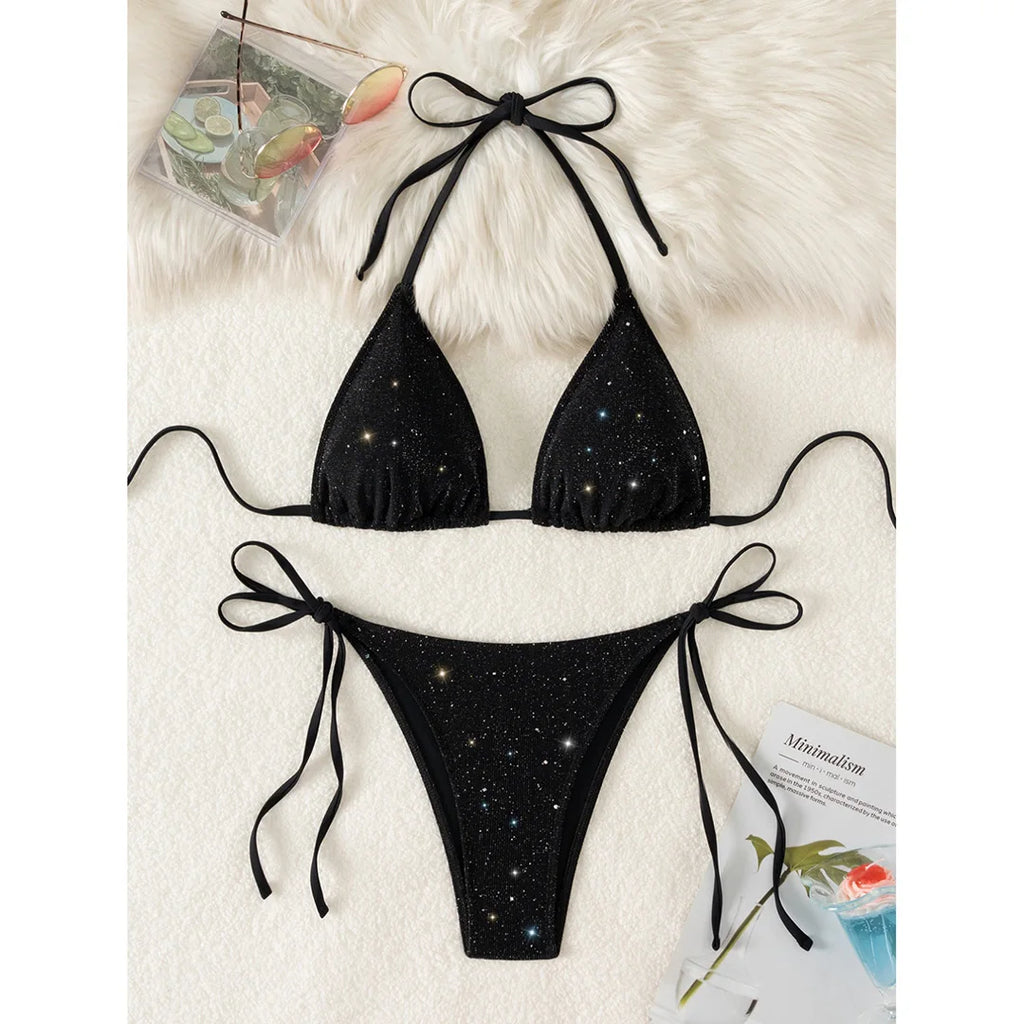 Glitter Sparkling Halter High Leg Cut Bikini Female Swimsuit Women Swimwear Two-pieces Bikini set Bather Bathing Suit Swim V5501