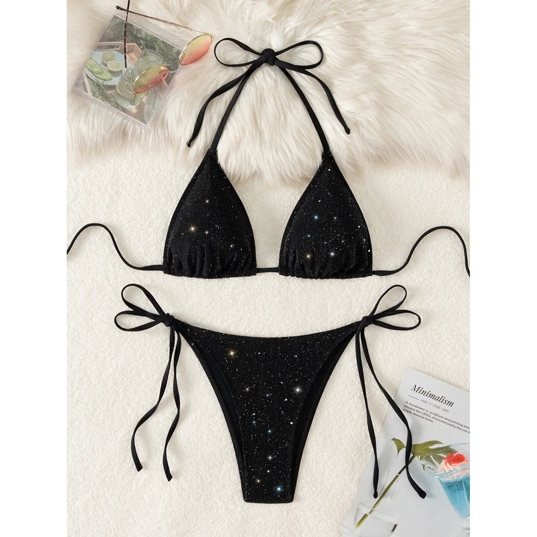 Glitter Sparkling Halter High Leg Cut Bikini Female Swimsuit Women Swimwear Two-pieces Bikini set Bather Bathing Suit Swim V5501