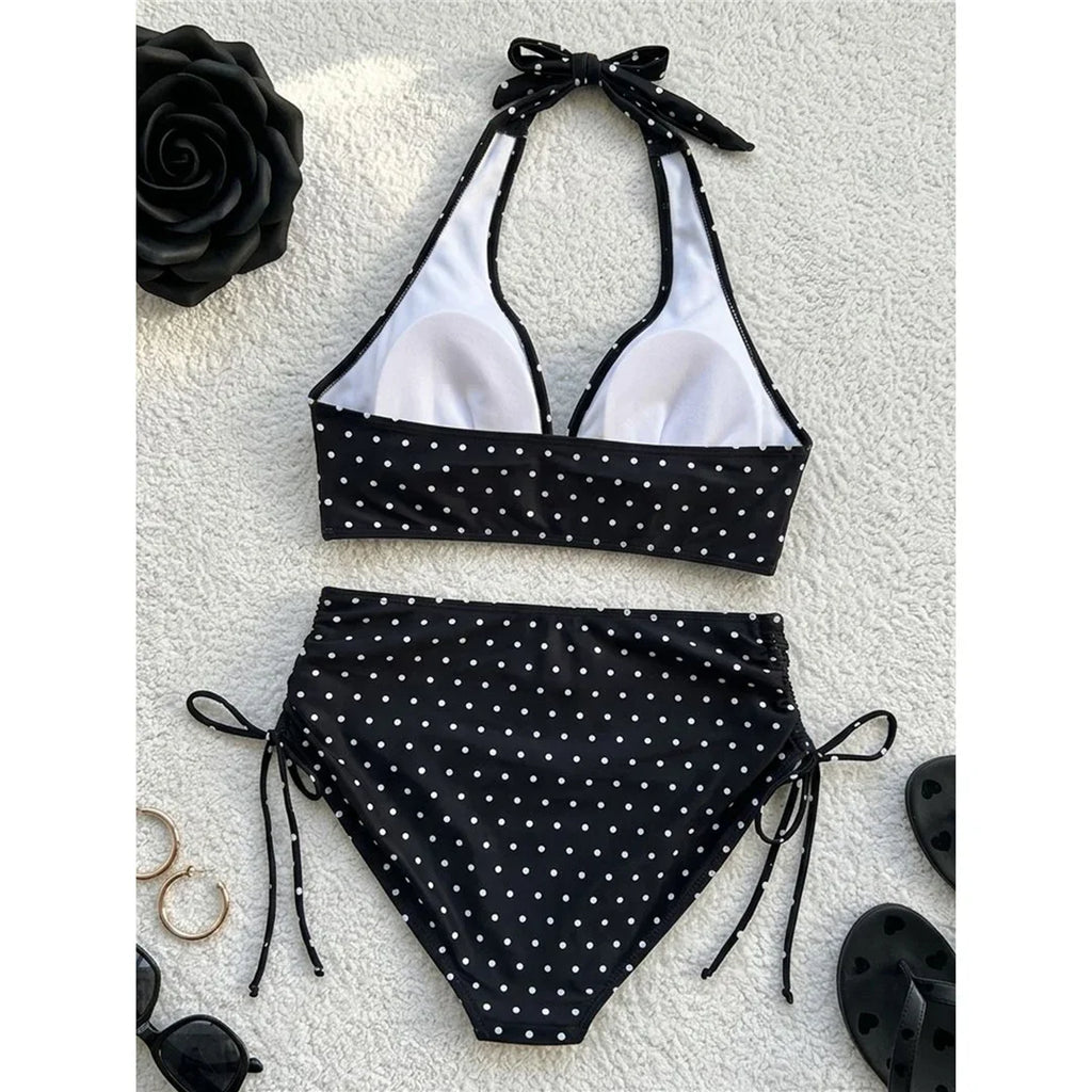 S - XL Polka Dot V Neck High Waist Bikini Female Swimsuit Women Swimwear Two-Pieces Bikini Set Bather Bathing Suit Swim V8111