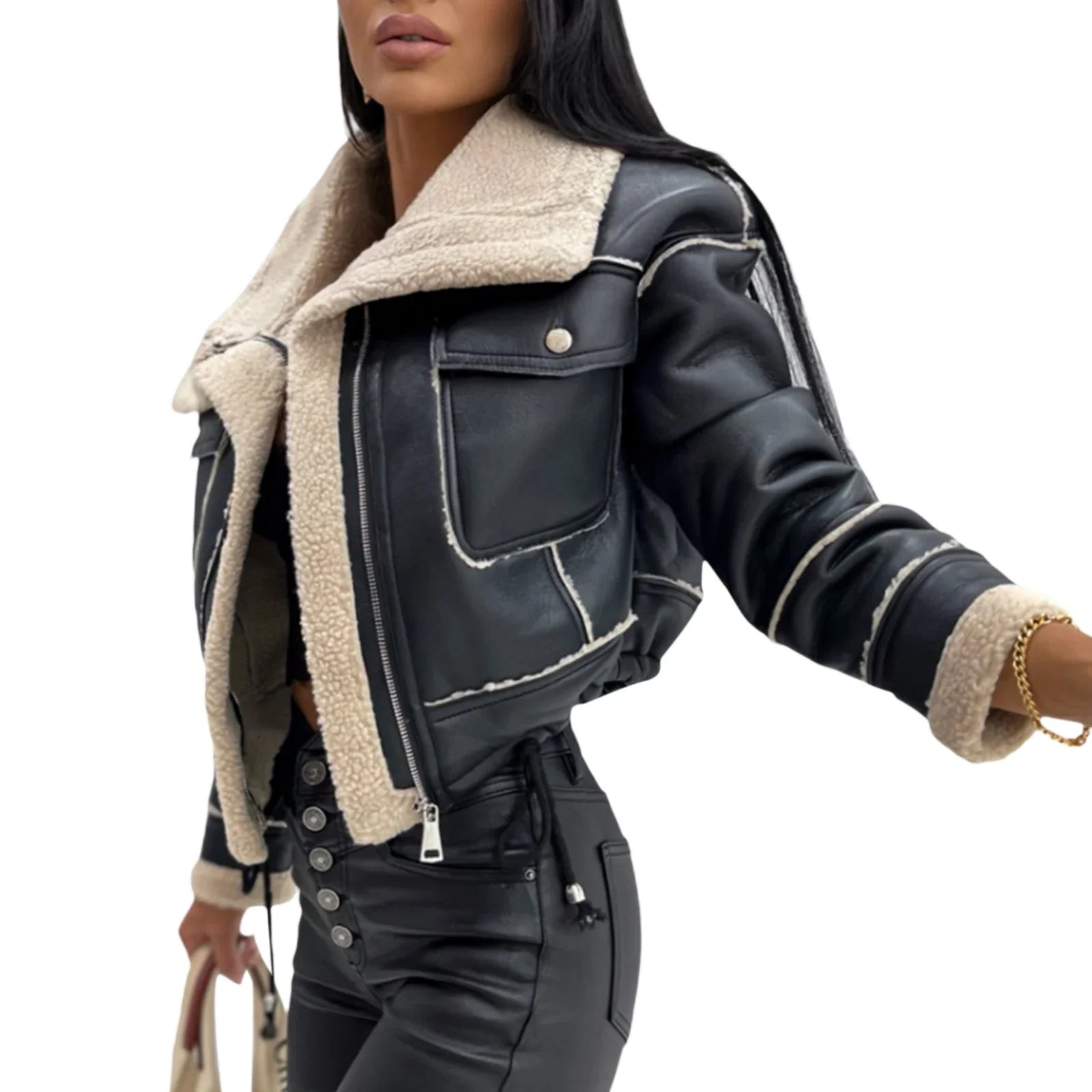 Women Winter Jacket Solid Color Street Coat Long Sleeve Zipper Closure Patchwork Warm Outwear with Pockets