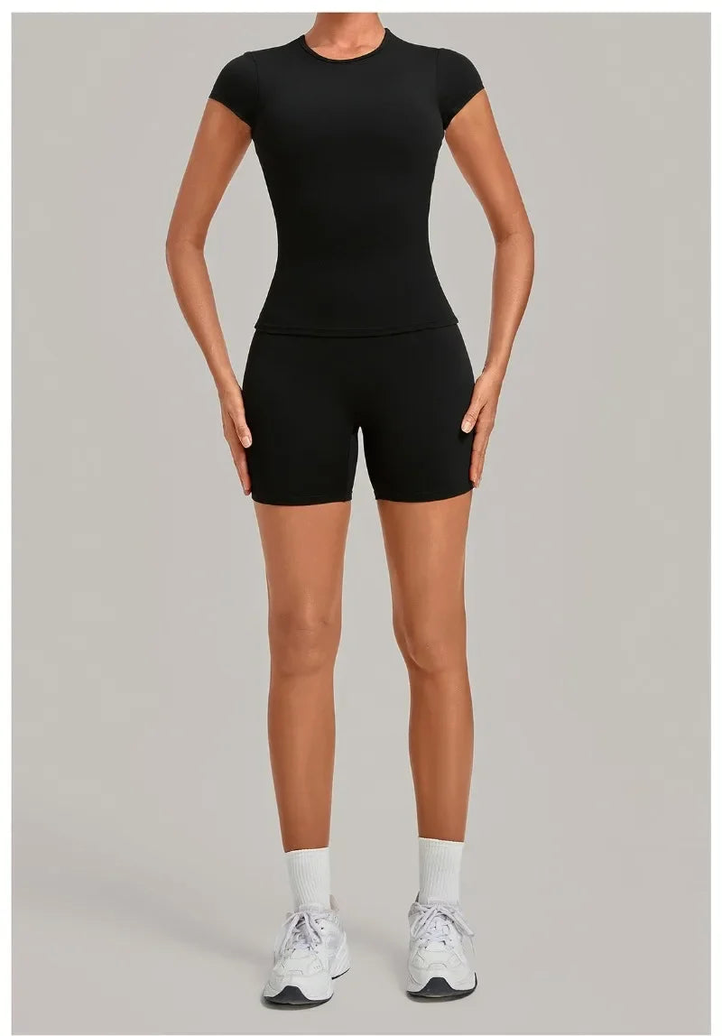 Women's Seamless Yoga Sets Sports Fitness Workout Hip-lifting High Waist Shorts Backless Short-sleeve Vest Suit Gym Training Set