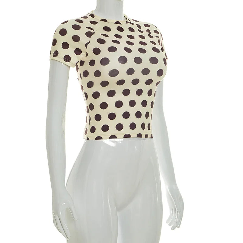 2026 Summer Women's Tops Round Neck Short Sexy Polka Dot T-Shirt Tops