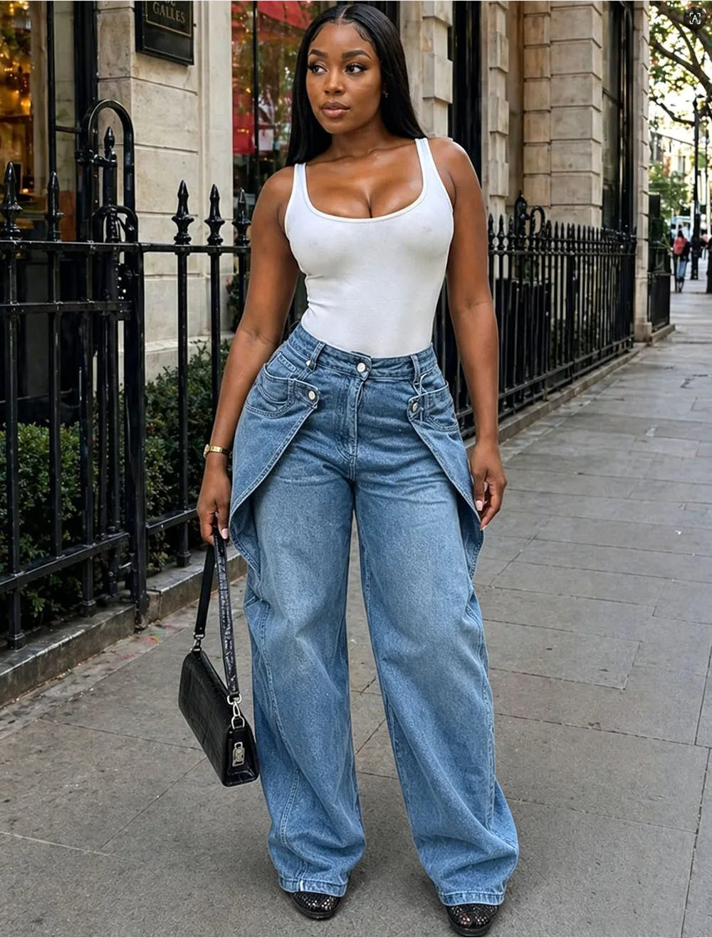 European and American style casual jeans street fashion staggered button design straight leg