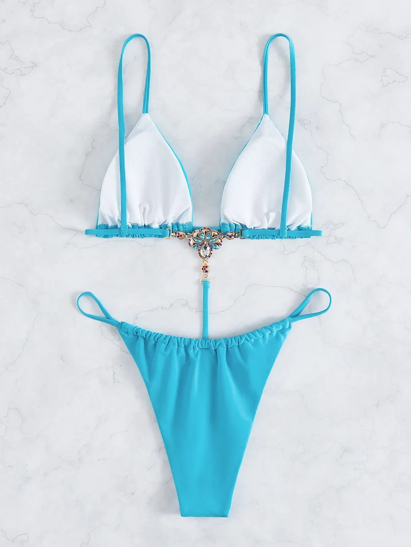 Sexy One Piece Swimwear Swimsuit Women Triangle Backless Crystal Decor Thong Sky Blue Bikinis Set Bathing Suit Beach Bikini 2026