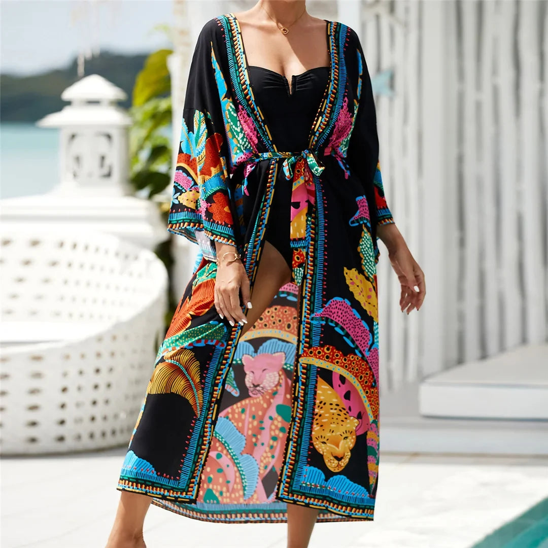 13 Colors Printed With Belt Crochet Knitted Tunic Beach Dress Beach Wear Beachwear Beach Cover Up Cover-upsFemale Women V7201