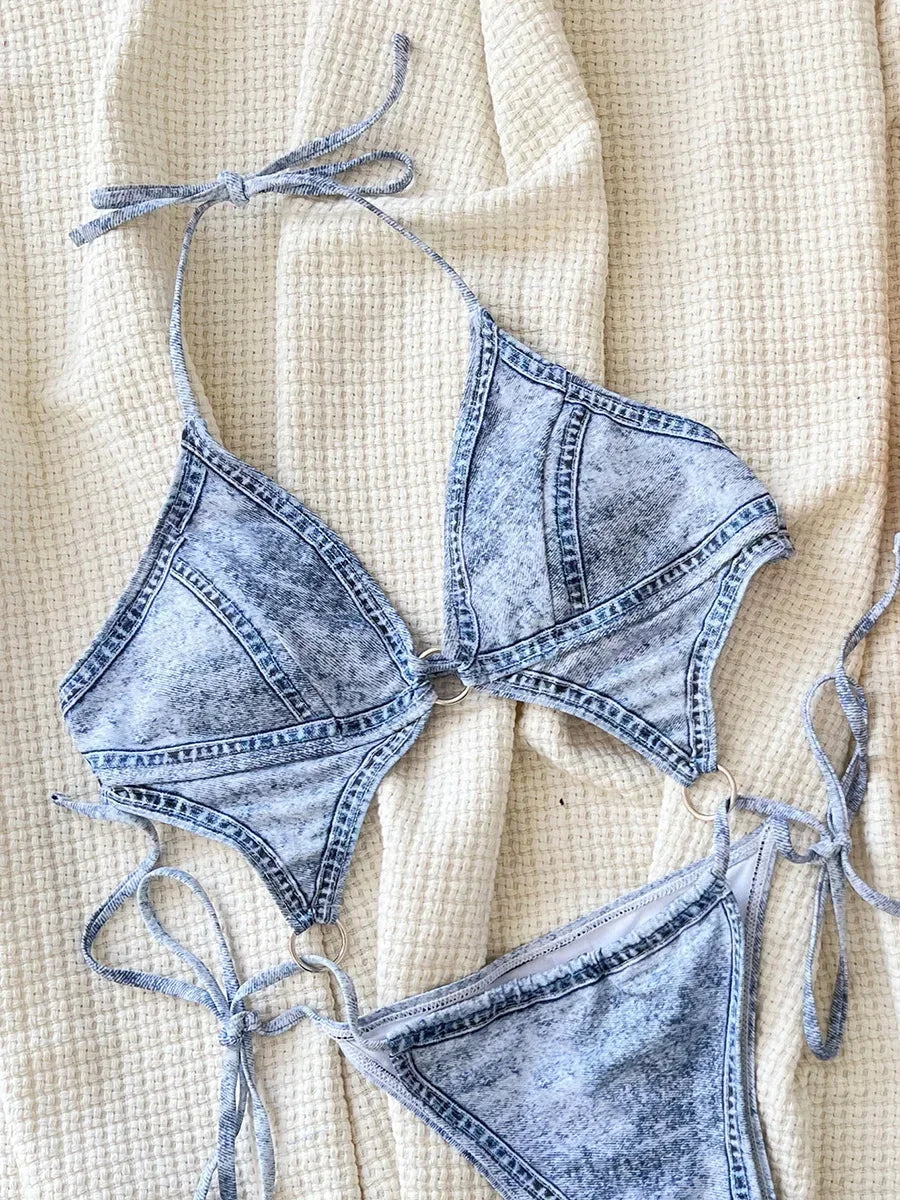 Denim Extreme Micro String Backless Women Swimwear One Piece Swimsuit Female High Leg Cut Monokini Bather Bathing Suit Swim Lady