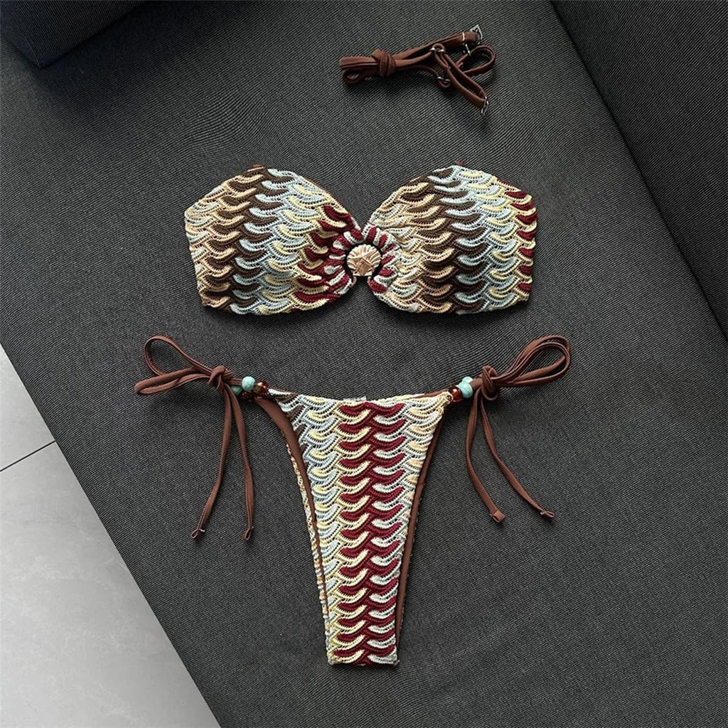 Printed Halter Bandeau Bikini Female Swimsuit Women Swimwear Two-Pieces Bikini Set High Leg Cut Bather Bathing Suit Swim V8338