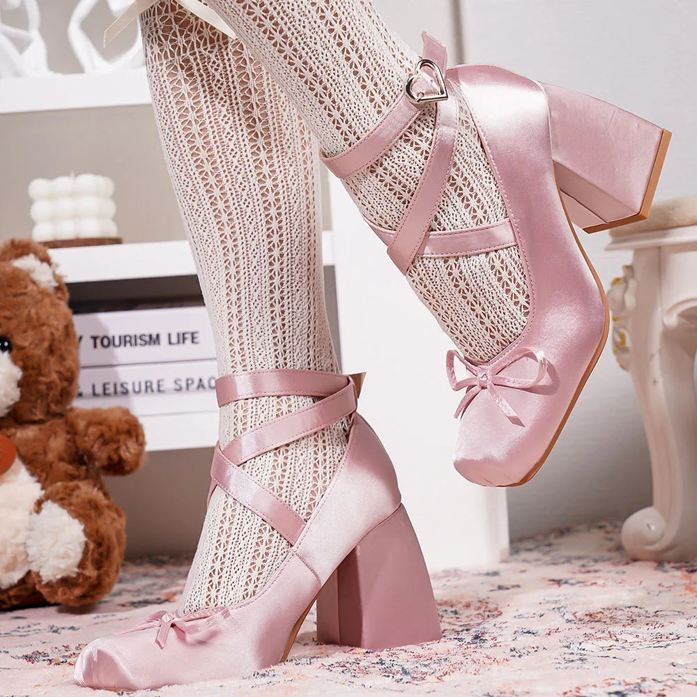 2025 Summer Cute Satin Pink Lolita Block Heels Mary Janes Shoes Women Sweet Buckle Cross-Strap Ballet Pumps Wedding High Heeled