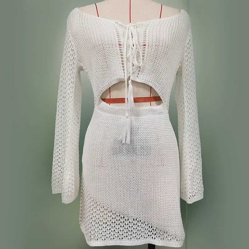 2026 Bikini Cover-up Beach White Crochet Tunic Knitted Summer Bodycon Mini Dress See Through Hollow Out Sexy Women Cover Up