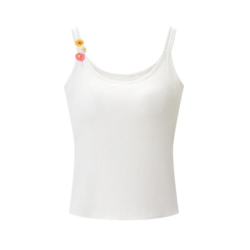 Fashion Solid Color Thin Strap Floral Chest Pad Women White Ribbed Top With Sleeveless Slim Fit Casual Summer Top Charming 3N4J