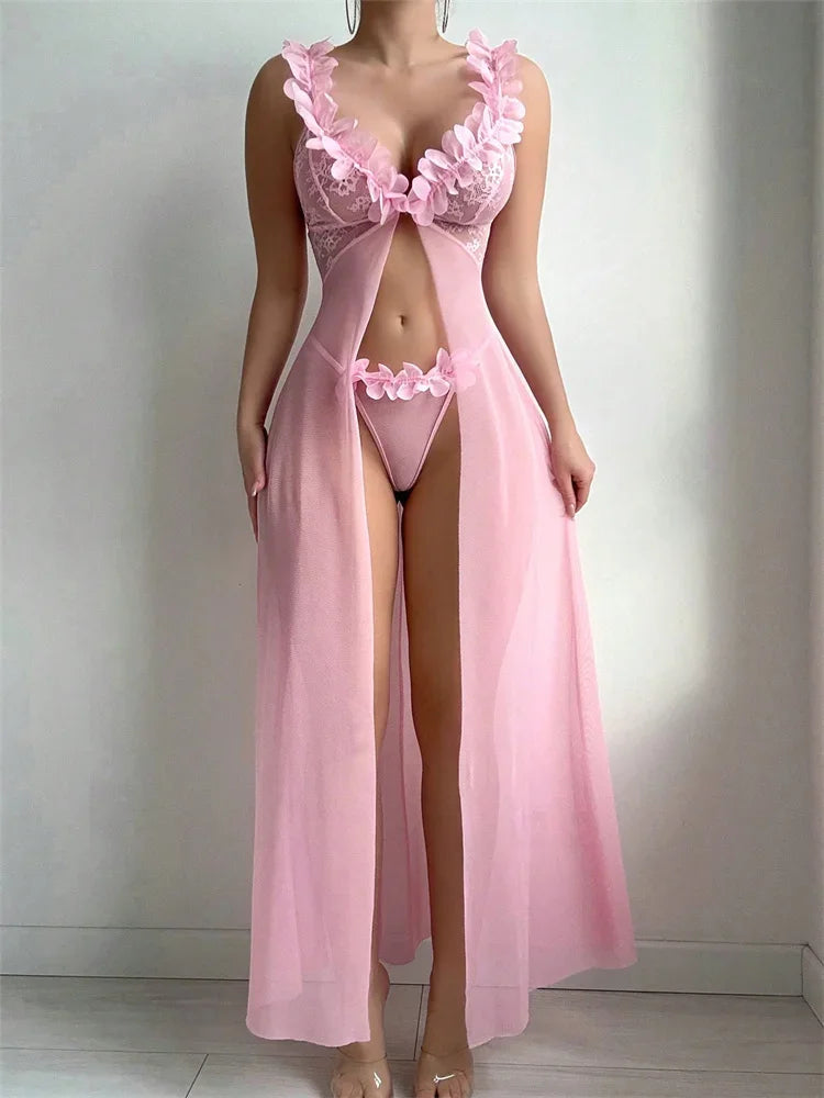 Pink Floral Sexy Lingerie Dress Women Nighties Exotic Babydolls Slip Nightdress Deep-V Lace Mesh See Through Nightgowns