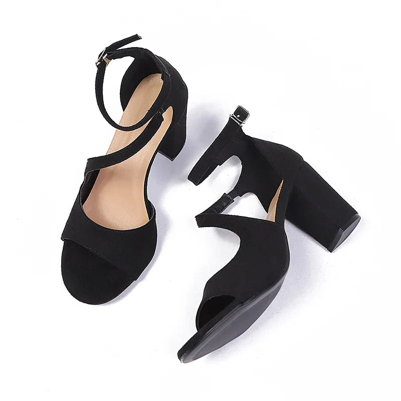 Elegant Ankle Buckle High Heel Sandals Women Black Flock Open Toe Block Heels Rome Sandals Woman Plus Size Bag Heel Party Shoes