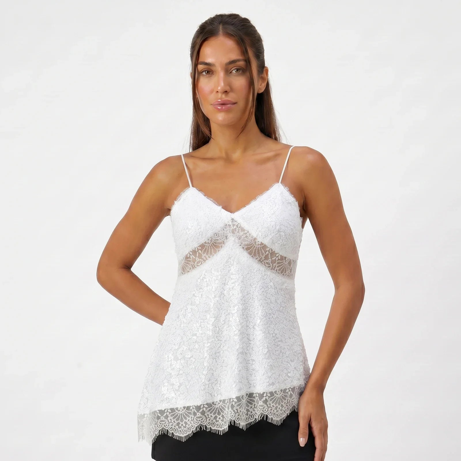 Women Camisoles Solid Color Lace Trim Sequins Spaghetti Strap Tank Tops Summer Fashion Sleeveless Vests Streetwear
