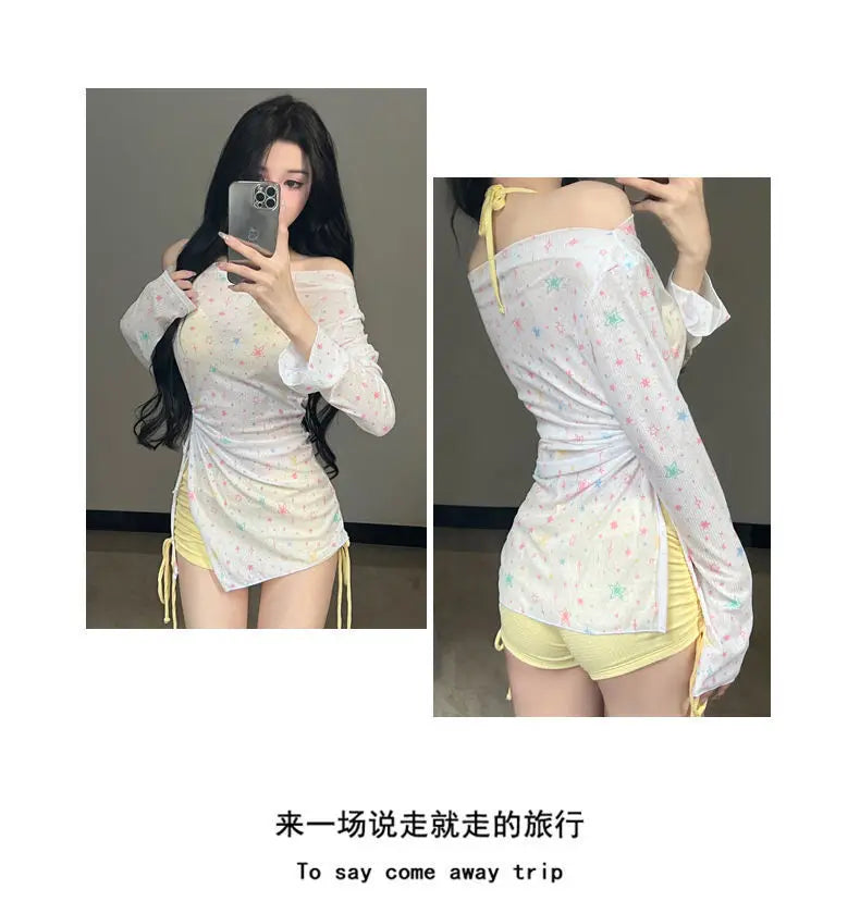 New Swimsuit for Women, Split Long Sleeved Sun Protection, Fresh and Sweet, Pure Desire, Beach Three Piece Swimsuit Set