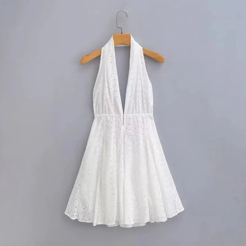 Foridol White Beach Summer Dress Women Backless Cotton Lace Short Autumn Sundress Women Clothing Halter A-line Pleated Dress