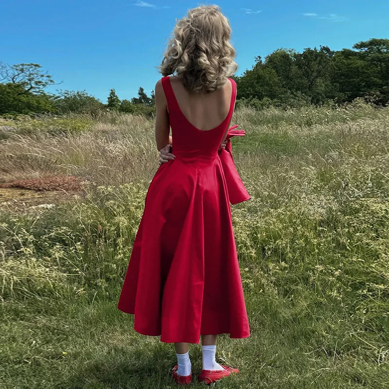 Chic Elegant O-neck Sleeveless Backless A-line Long Dresses Red Black 2026 Summer High Waist Tunics Zip-up Party Evening Dress