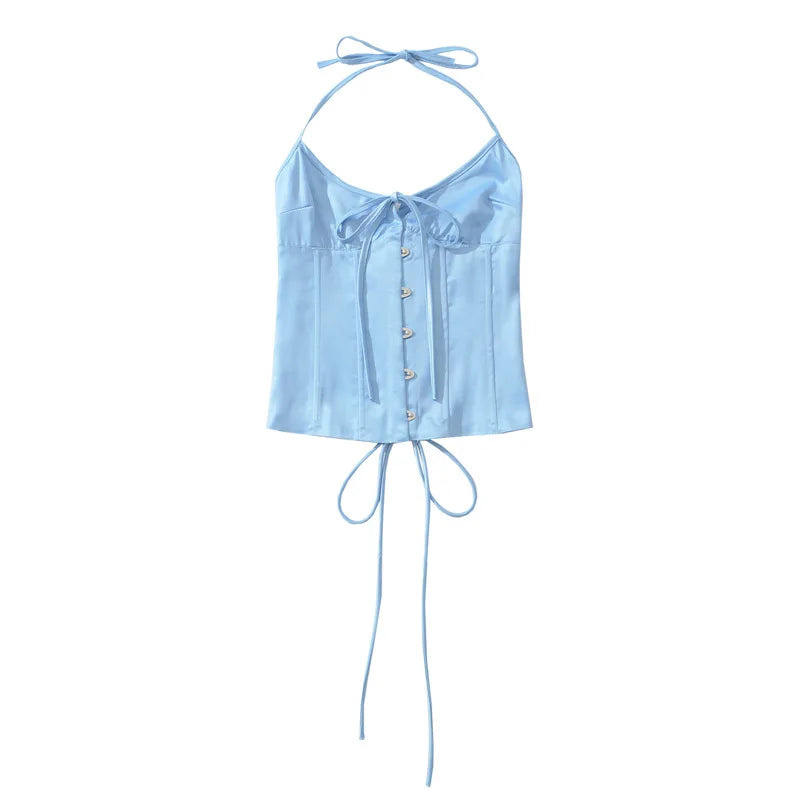 Vietnamese Sexy Backless Halter Neck Camisole For Women Niche Deep V-neck With Hook And Fishbone Waist-cinching Satin Top 02BG