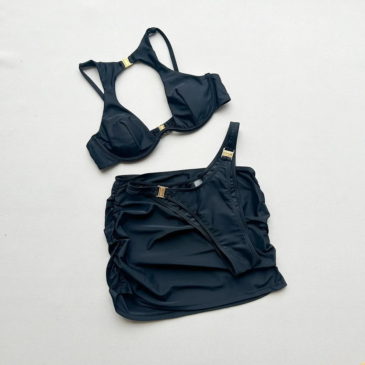 Black Color 3 Pieces Suit Women Sexy Hollow Out Micro Bikini Set+Skirt Cover-up Beachwear Female Bathing Suit Backless Biquini