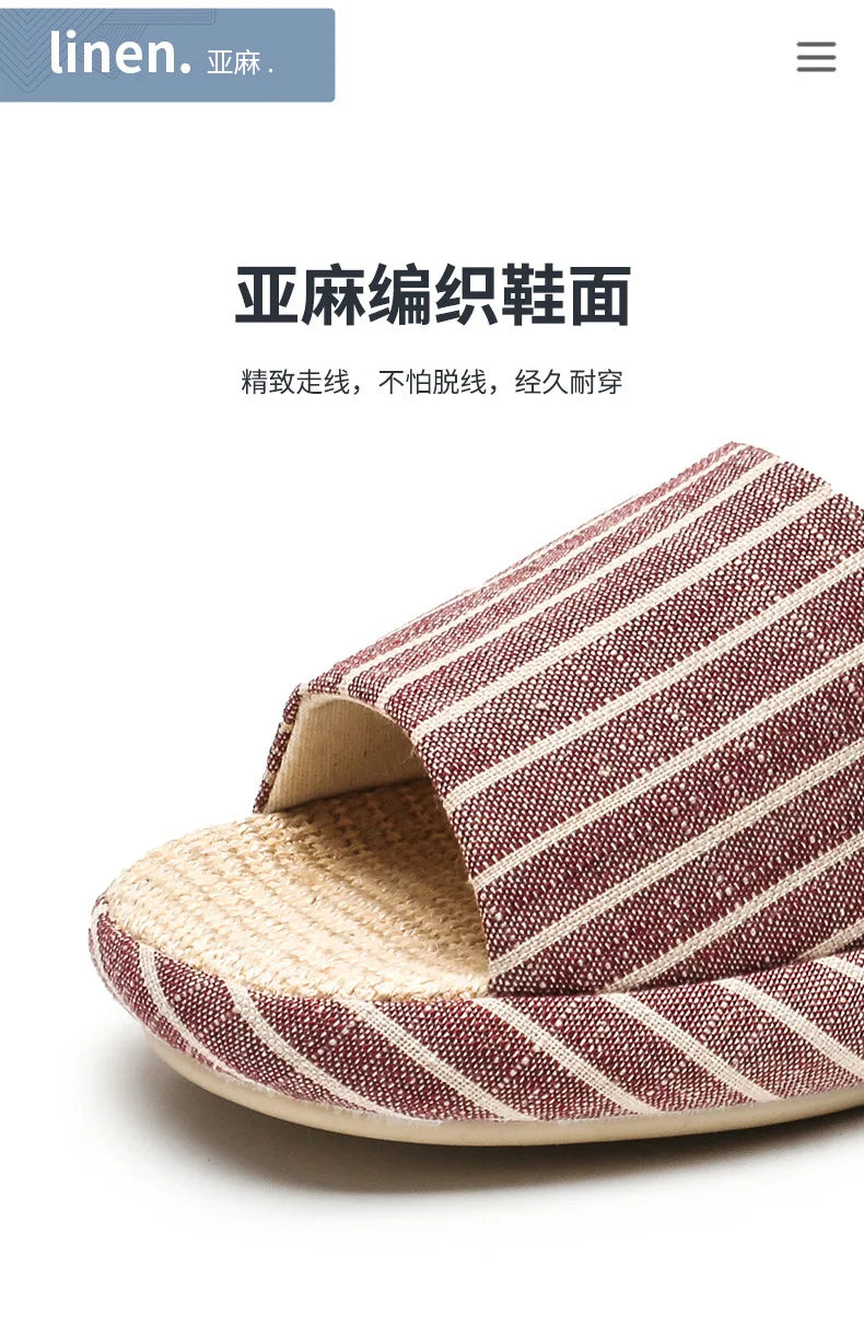 Breathable Linen Slippers For Women Men Summer House Shoes Striped Design Soft Sole Anti-Slip Couples Home Floor Cotton Slides
