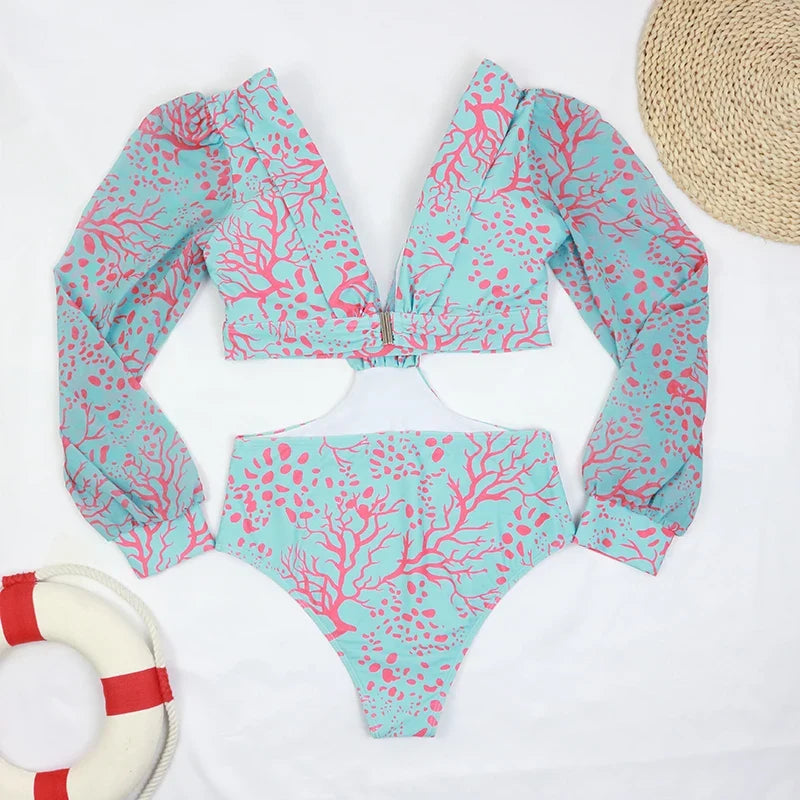 TW Sexy High Waist One Piece Swimsuit Women V Neck 2024 Long Sleeve Bathing Suit Brazilian Swimwear Monokini Summer Beachwear