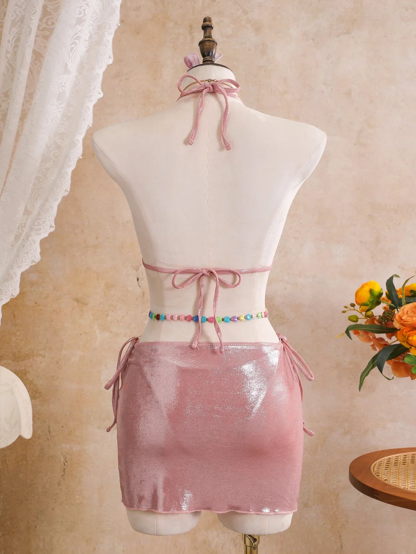 Women embroidery flower glitter metallic bikinis sets 3pcs with split mini skirt swimsuit bathing suit beach outfits biquini