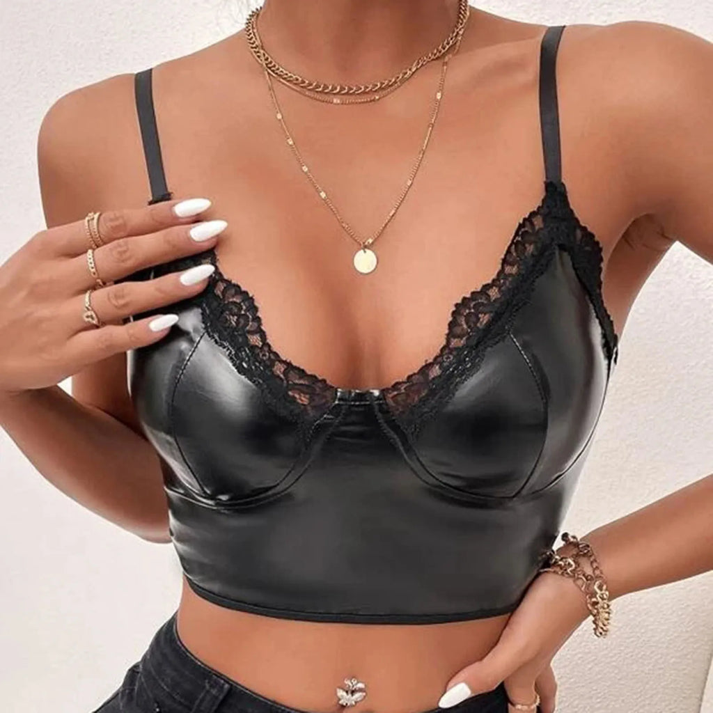 Womens Black Faux Leather Lace Trim Cami Tops Spaghetti Strap V Neck Bustier Crop Top Shiny Wet Look Camisole Sexy Nightclub Top