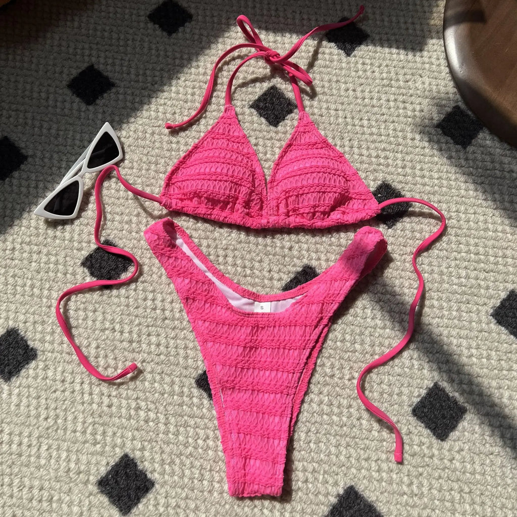 Sexy Knitted Hollow Handmade Crochet Bikini Set Women Pink Bandage Criss Cross Micro Swimsuit Bathng Suit Thong Swimwear
