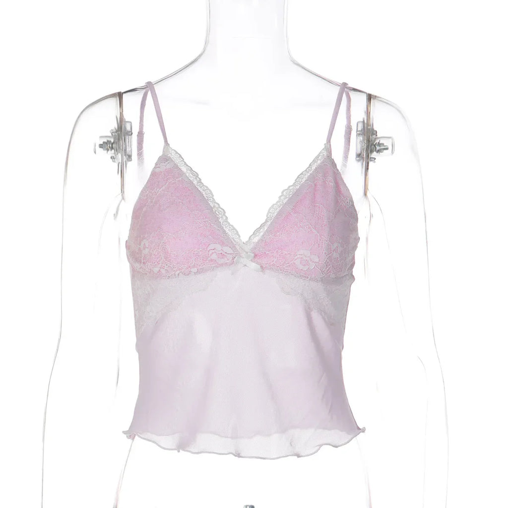 FDYOUI Y2K Pink Camisoles Women Sexy V-neck Lace Patchwork Tank Tops 2026 Summer Backless Sleeveless Corset T-shirt Streetwear