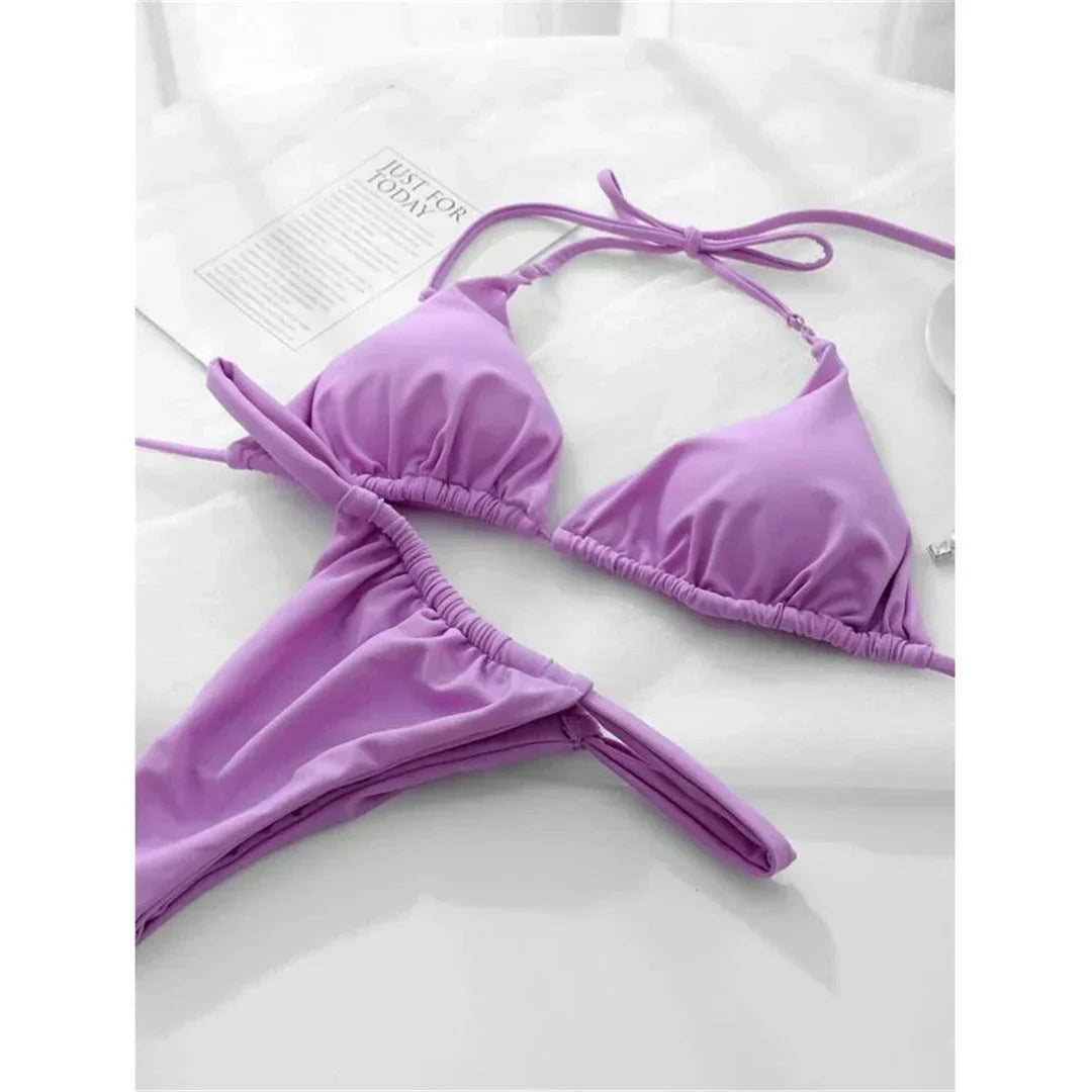 Wrinkled High Cut Mini Micro Thong Bikini Women Swimwear Female Swimsuit Two-pieces Bikini Set Halter Bather Bathing Suit Swim
