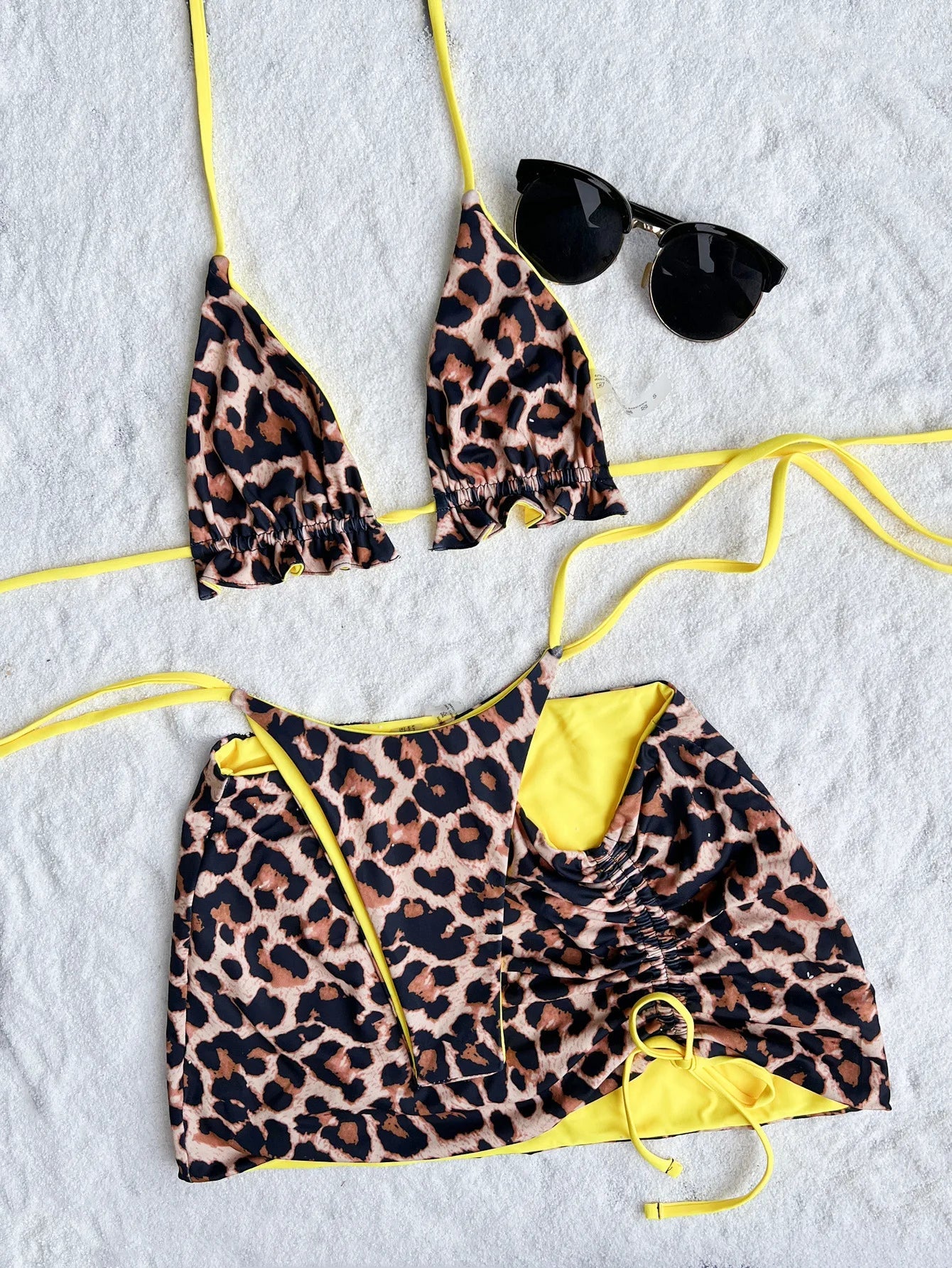 2026 Summer Leopard Print 3 Pieces Suit Swimwear Reversible Sexy Halter Lace-up Bikini Set Drawstring Skirt Cover Up Beachwear