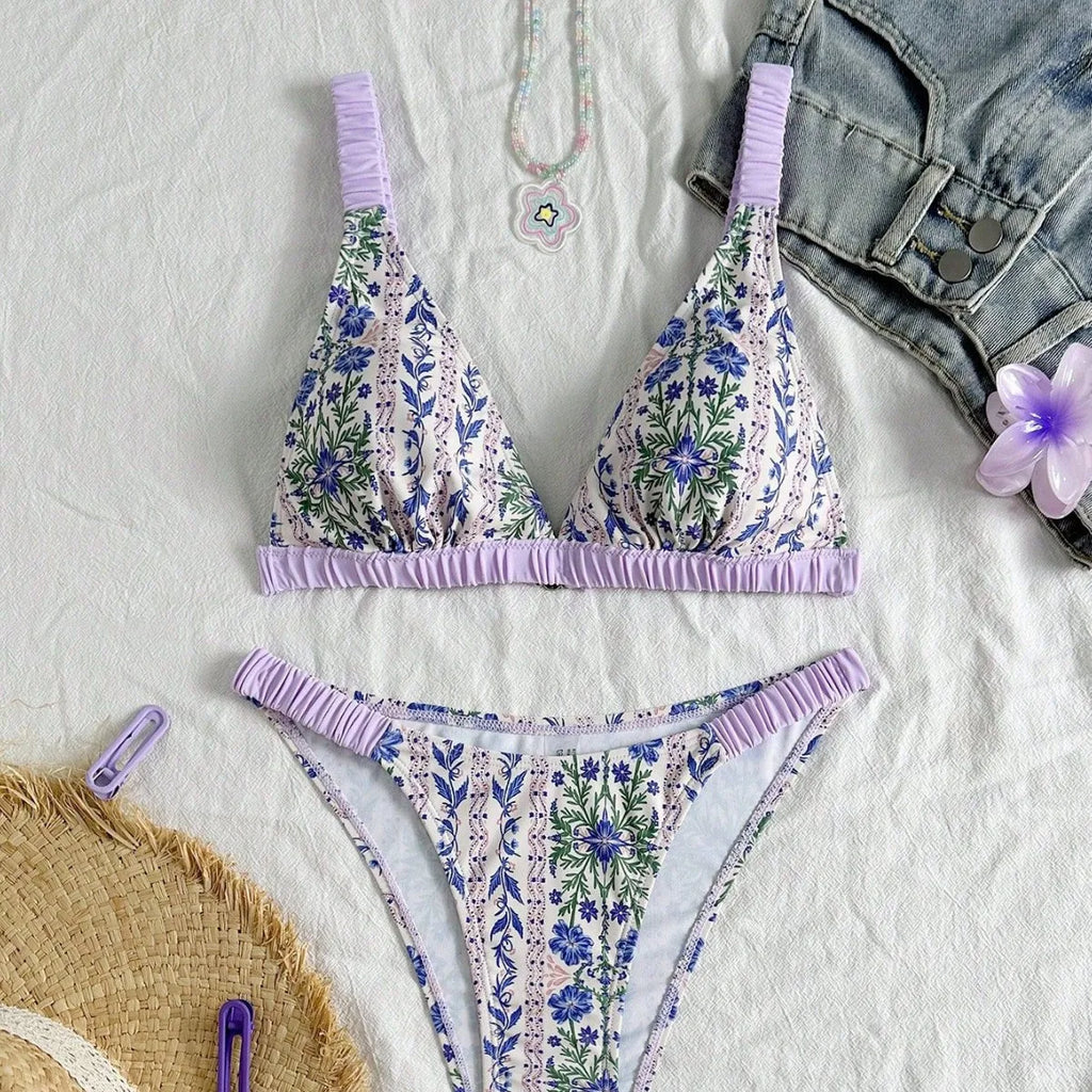 2026 New Purple Flower Print Swimsuit for Women Elastic Belt Strappy Swimwear Bathing Suit Low Waist Sexy Bikini Set Beachwear