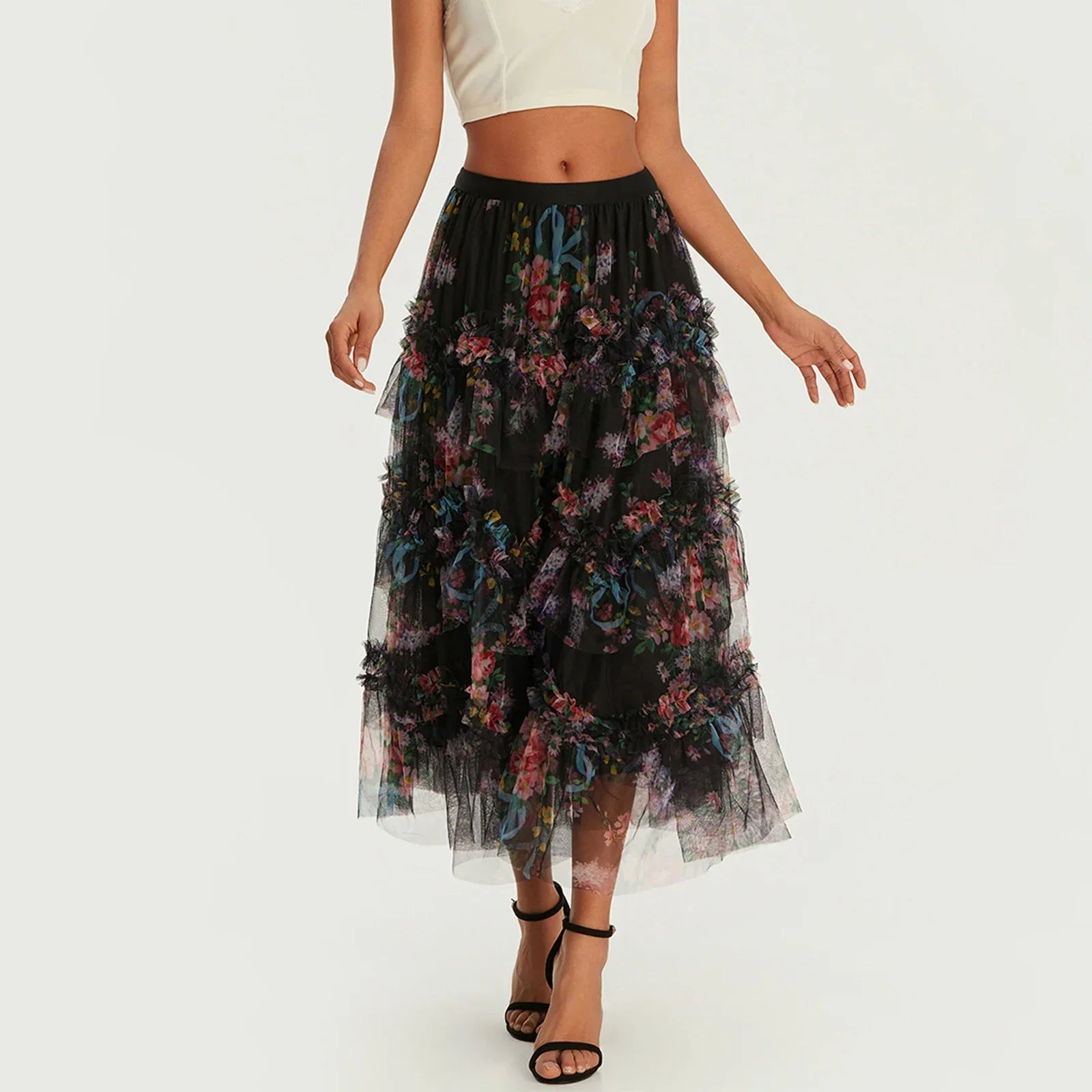 Early Fall Floral Print Ruffle Mesh Skirt Women Irregular Flowy A-line Midi Skirt for Travel, Beach, Shopping