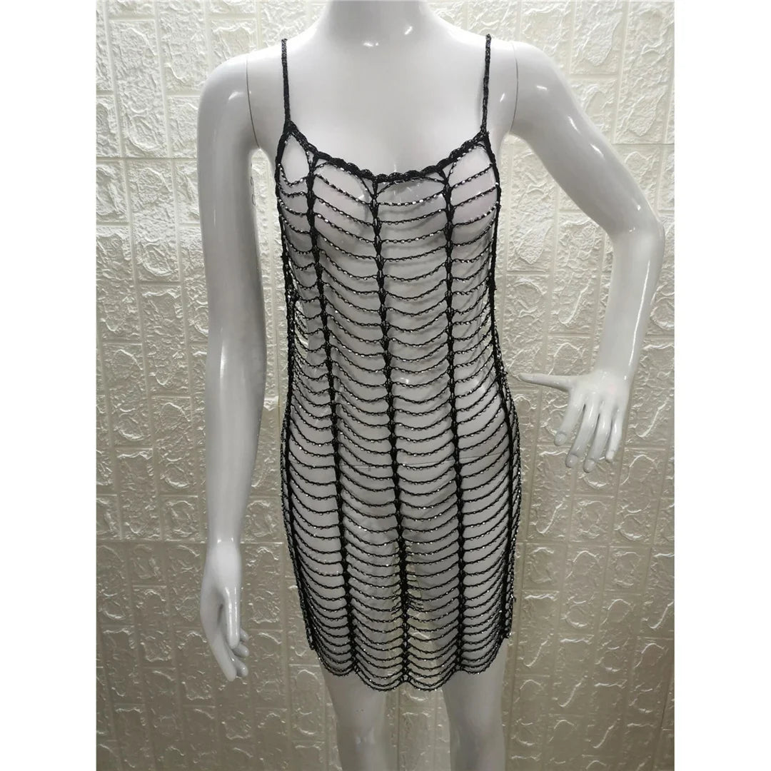 Luxury Bling Diamond Rhinestones Hollow Out Tunic Beach Cover Up Cover-ups Beach Dress Beach Wear Beachwear Female Women V4747SW