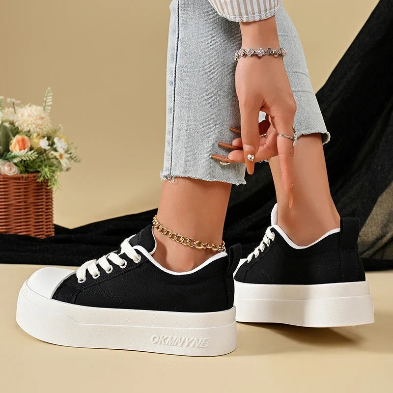 Korean Round Toe Platform Sneakers Women 2026 Autumn Lace Up Thick Bottom Vulcanized Shoes Woman Plus Size 43 Non Slip Sneakers
