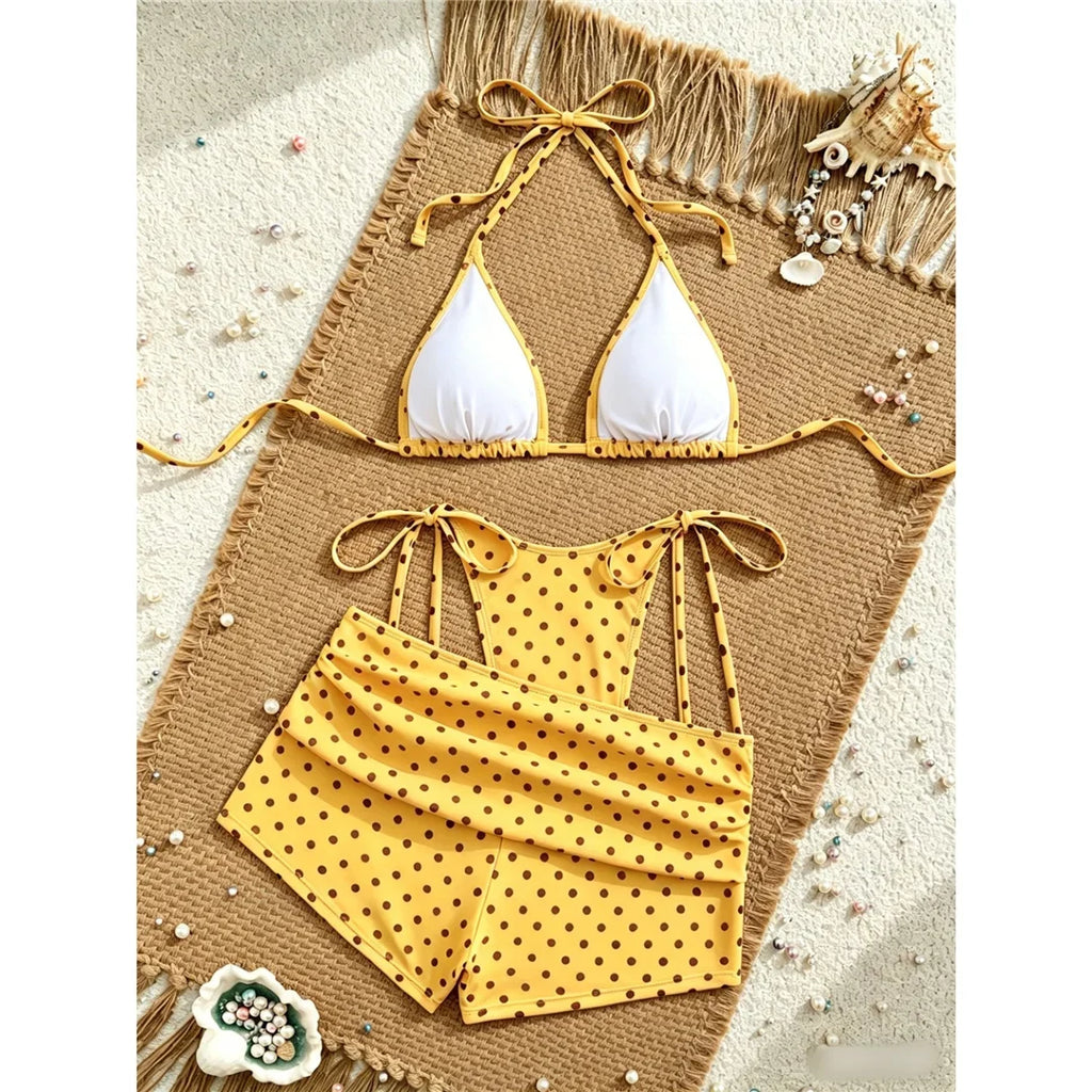 S - XL With Shorts Polka Dot Halter Bikini Female Swimsuit Women Swimwear Three-pieces Bikini Set Bather Bathing Suit Swim V8292