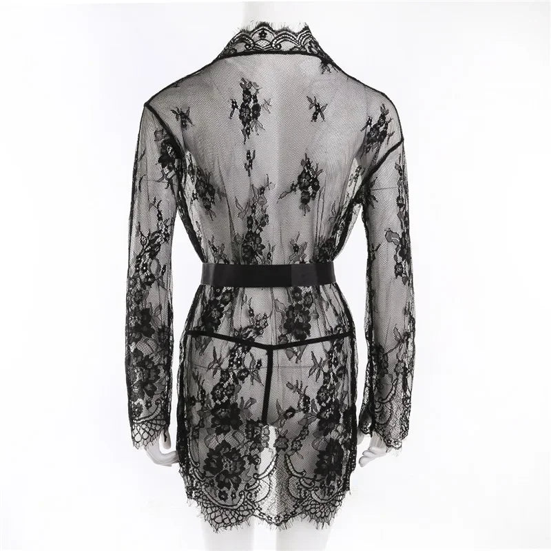 See Through Lace Babydoll Women Sexy Lingerie Erotic Transparent V-Neck Nightwear Robe G-string Robe Sleepwear Dress