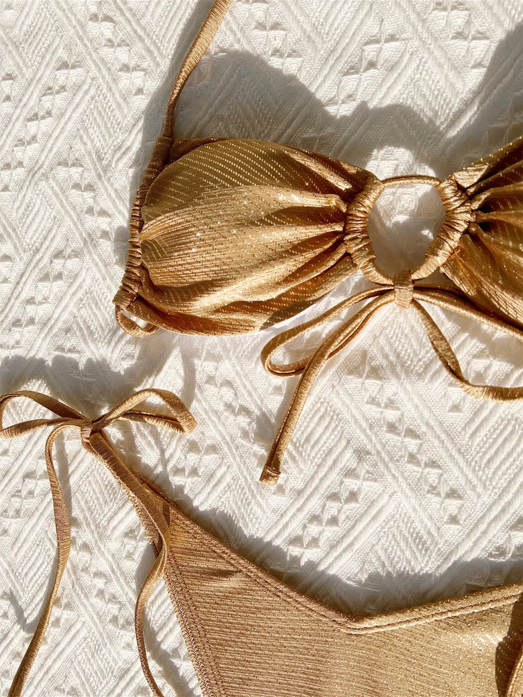 sexy metallic gold glitter halter bikinis sets two pieces v-waist tie halter thong swimsuit bathing suit swimwear biquini bakini