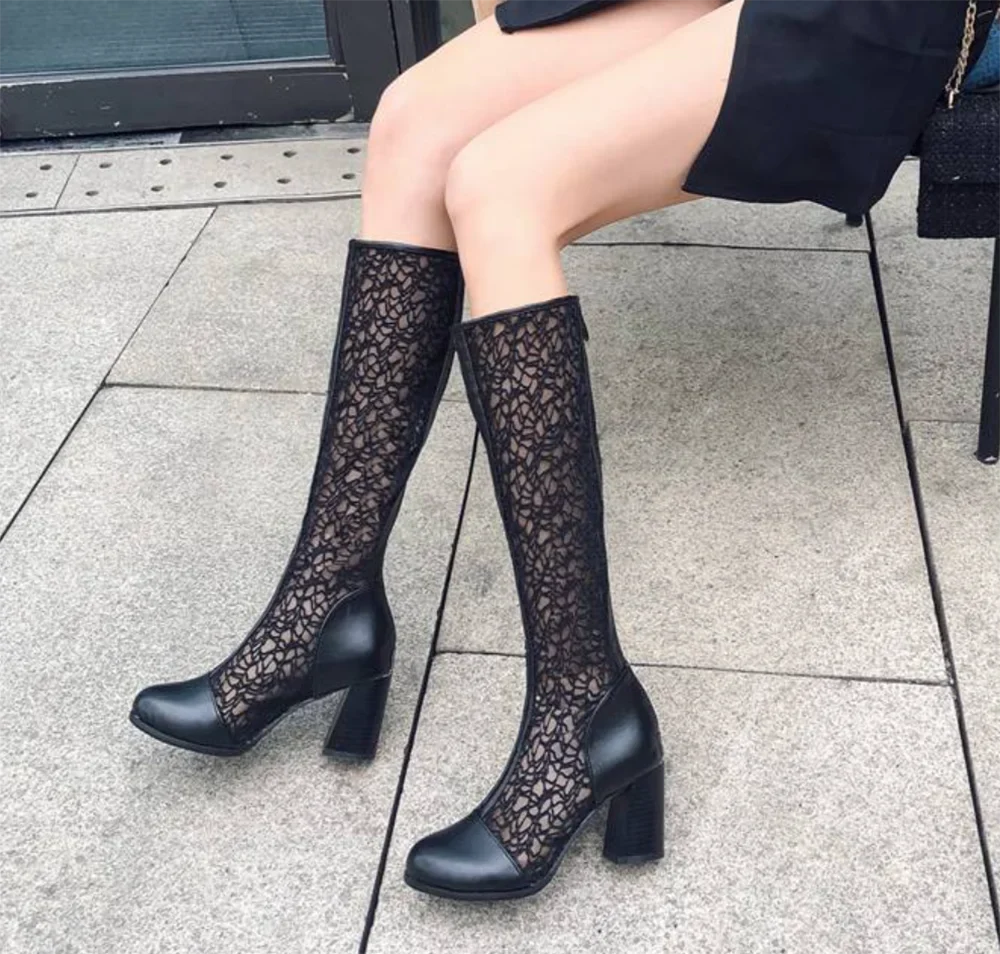 Sexy Women Knee High Boots Square Heel Punk Lace Mesh Boots Gladiator Cool Boots Breathable Women's Sandals Botas De Mujer New