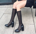 Sexy Women Knee High Boots Square Heel Punk Lace Mesh Boots Gladiator Cool Boots Breathable Women's Sandals Botas De Mujer New
