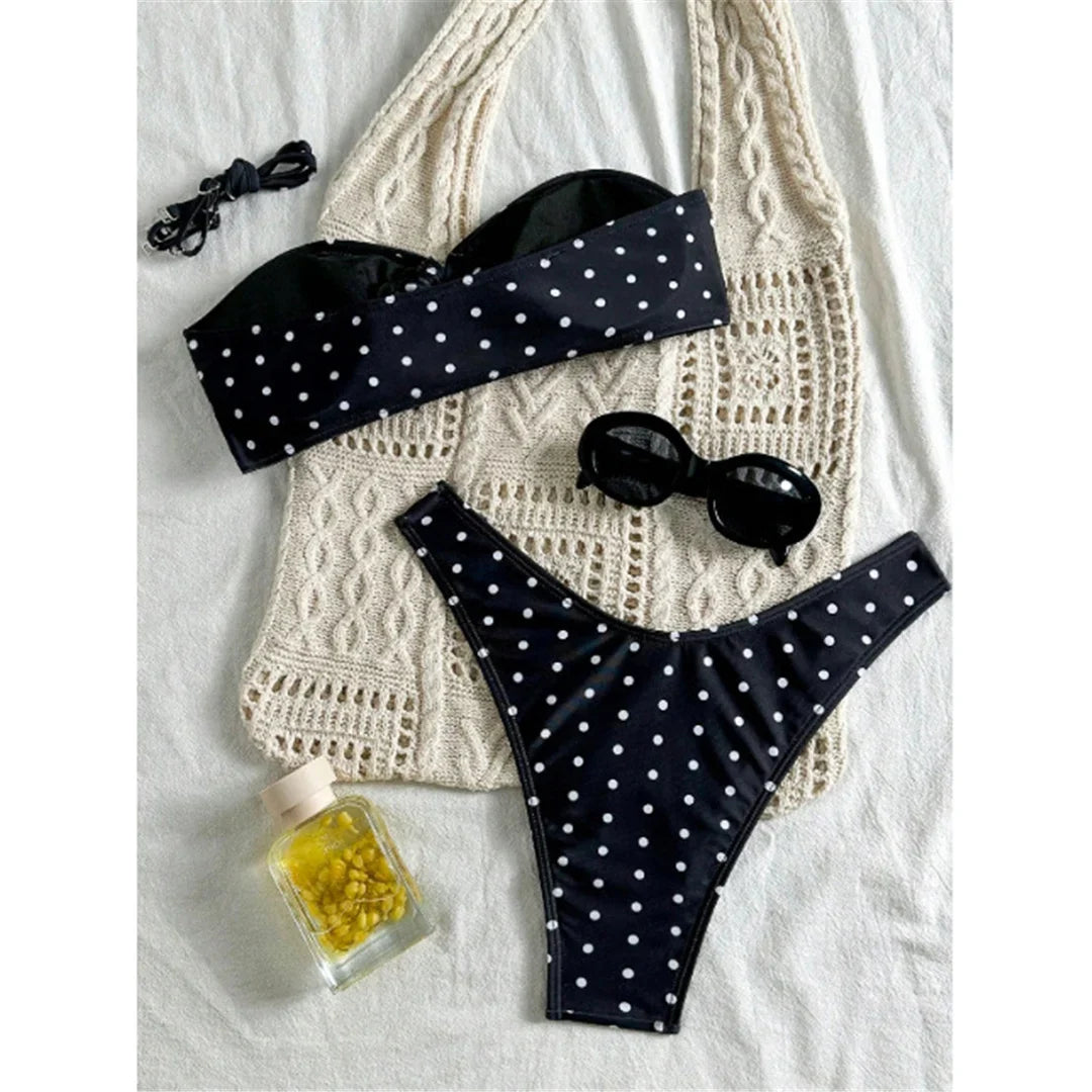 XS - L Polka Dot Bandeau Brazilian Bikini Women Swimwear Female Swimsuit Two-Pieces Bikini Set Bather Bathing Suit Swim V7711