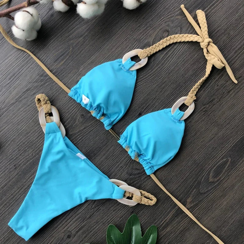 Splicing Halter Knitted Bikini Women Swimwear Female Swimsuit Two-pieces Bikini Set Brazilian Bather Bathing Suit Swim Beachwear
