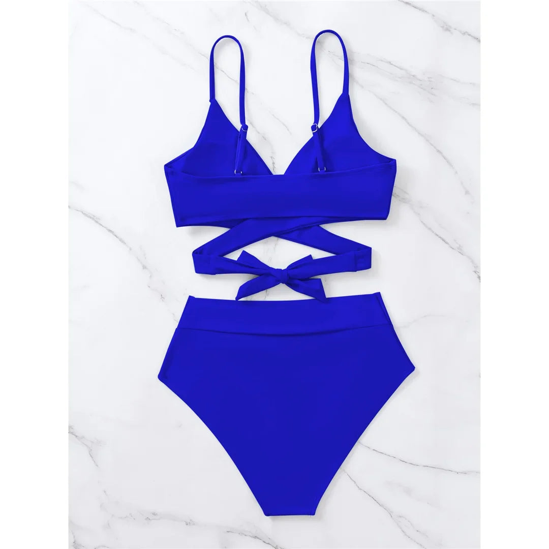 S - XL New 7 Colors V Neck High Waist Bikini Female Swimsuit Women Swimwear Two-pieces Bikini Set Bather Bathing Suit Swim V5006