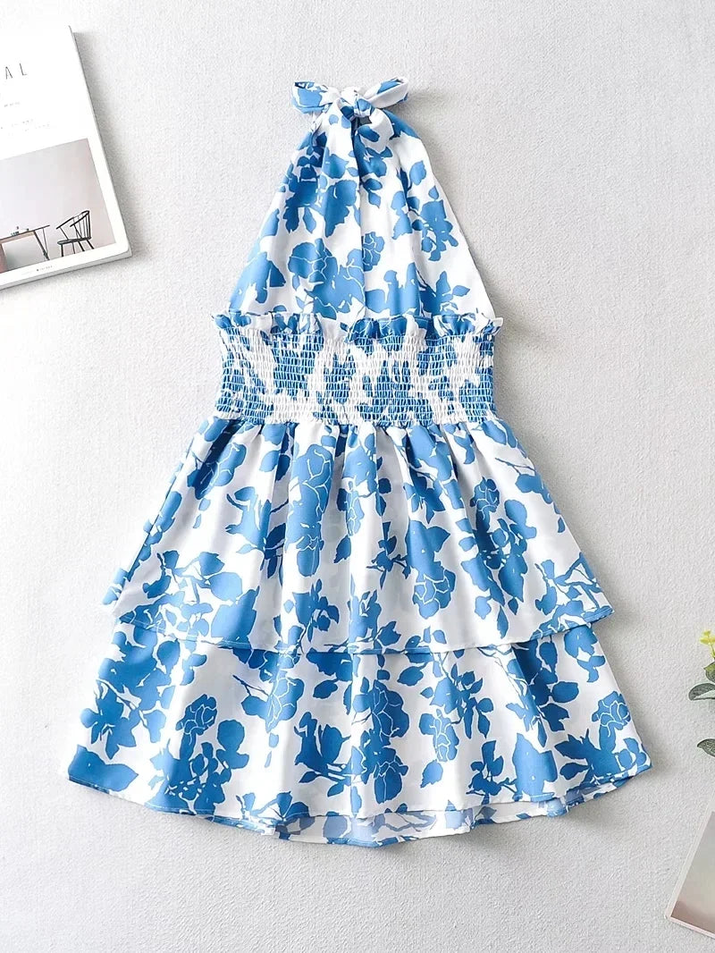 Sexy Red Floral Print Backless Summer Women Boho Mini Dress Bodycon Sleeveless Beach Lace Up Bowknot Dropshipping Dress Sundress